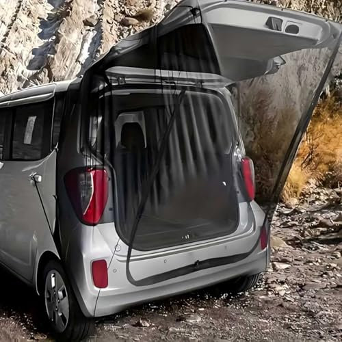 Auto Heckklappe Moskitonetz, 195×160 cm Flügeltür Kofferraumabdeckung Sonnenschutz, Autozelt Heckklappe mit Doppelter Reisverschluss, Magnetische Auto Sonnenschutz Insektenschutznetze für Auto Camping