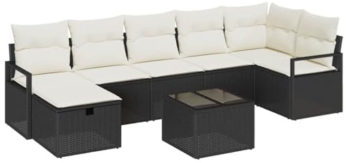 vidaXL 8-teiliges Garten-Sofa-Set mit Kissen in Schwarz aus Poly Rattan | Modulares, wetterfestes Sofa für draußen, stylische Sitzgelegenheit für 6 Personen auf Terrasse oder Deck