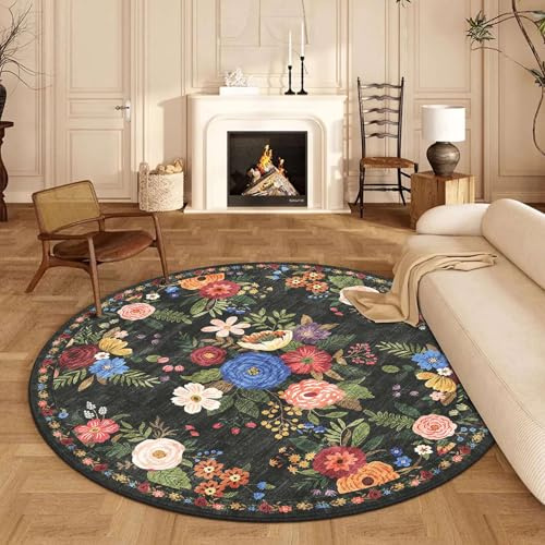 BYBSRLL Runder Teppich 160 cm, Waschbar & Rutschfester Weicher Kurzflor Rund Teppich, Vintage Blumen Boho Muster, für Wohnzimmer, Schlafzimmer, Kinderzimmer, Gastzimmer, Esszimmer, Büro, Schwarz