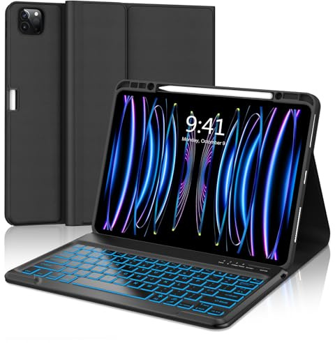 FOGARI Keyboard Case for iPad Pro 12.9 6th/5th/4th/3rd Generation | Wireless Bluetooth Detachable UK Layout 7 Colors Backlit Keyboard Folio Cover for iPad Pro 12.9 2022/2021/2020/2018, Black