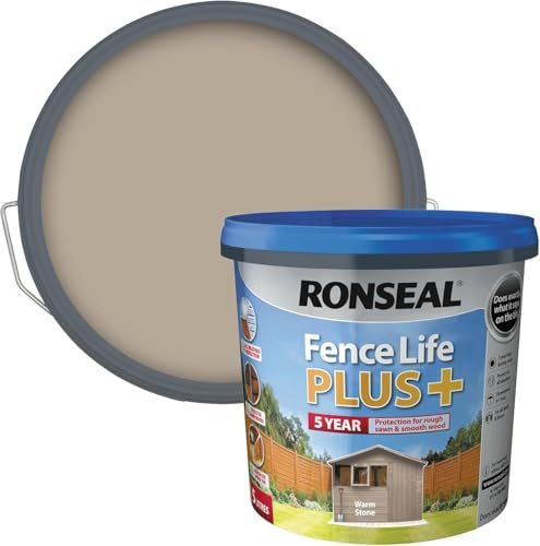 Ronseal Fence Life Plus+ 5L – Warm Stone – Durable Shed & Fence Paint – One Coat, Weatherproof & Fade-Resistant – UV Protection – Lasts Up to 5 Years – For All Exterior Wood