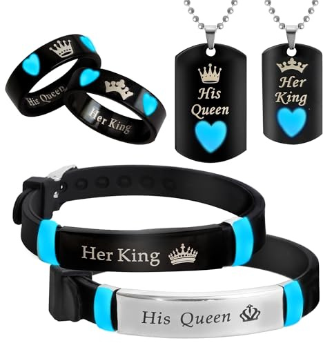 WEIZHUANG 6/Pcs Set Glowing Heart His Queen Her King Stainless Steel Matching Necklaces,Bracelets and Rings For Couples, Fashion Love Gift, Romantic Accessories (His Queen Her King)