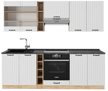 Vicco Küchenzeile Fame-Line, Weiß Landhaus, 235 cm ohne Arbeitsplatte
