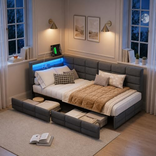 DAHUEN Einzelbett 90x200 cm Polsterbett mit RGB LED und USB Ladestation, L-förmiges Eckbett Schlafsofa Tagesbett mit 2 Schubladen Stauraum, Jugendbett mit Lattenrost, Grau Leinen