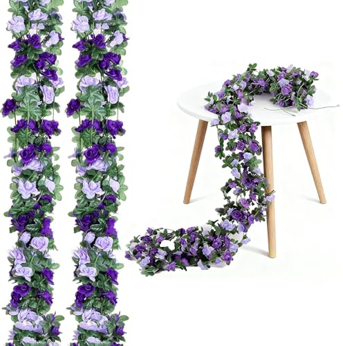 5 Pack 40FT Artificial Flower Garland, Fake Rose Vine Silk Flowers Hanging Roses Garlands Ivy for Wedding Arch, Party Wall Backdrop Garden Decor (Purple)