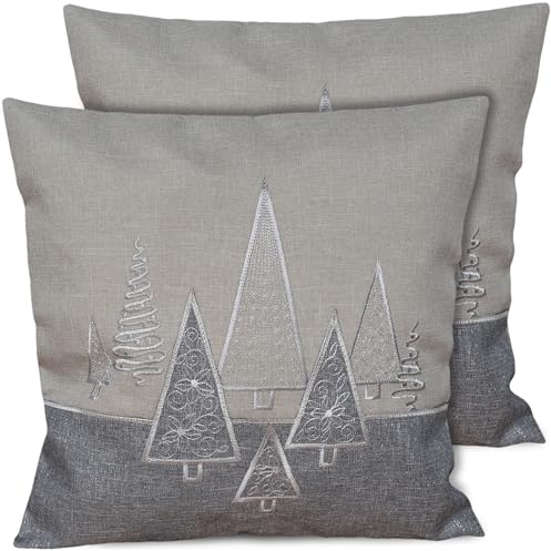 matches21 HOME & HOBBY Kissenbezug 40x40 cm Weihnachten grau mit Tannenbaum Stick - 2er Set Kissenhüllen als Weihnachtsdeko