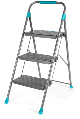 Beldray Easy-Fold Step Ladder, 3 Step Folding Ladder With Non-Slip Steps | Steel frame, push-to-fold locking system, anti-slip plastic feet, foam grip handle, folds flat for compact storage