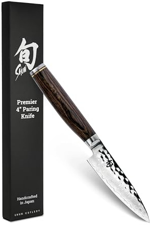 Shun Paring Knife Premiere Series 4 Inch Damascus Clad, Hammered Tsuchime Steel Blade, Professional Quality - Walnut/Stainless Steel