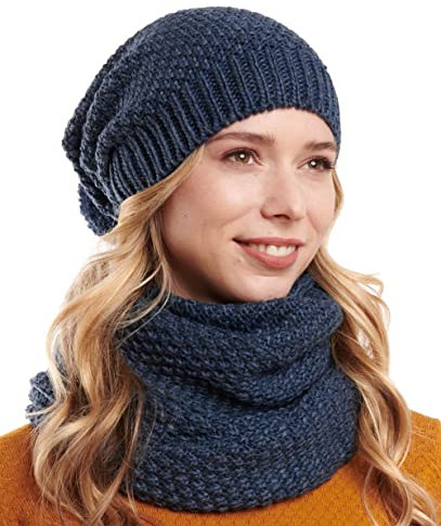 Hilltop Winter Kombi 2er Set aus Winter Schal und passender Strickmütze, Winter Set:Blau