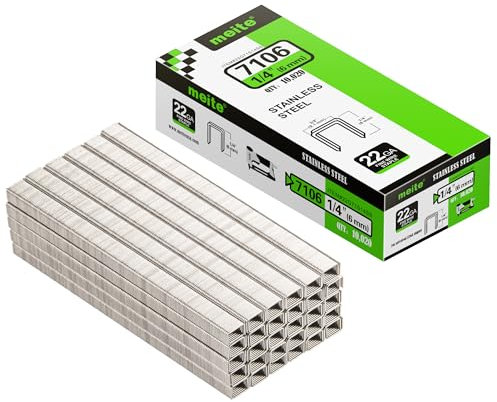 meite Type 71/6 mm Stainless Steel Upholstery Staples, Type 71 Staples for Staple Gun, 22 Gauge 9.1 mm Crown Stainless Steel Staples for Carpet, Work Box, Cable, Shed, Fence (10,000 Counts)