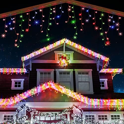 ANSIO® Outdoor Christmas Lights 320 LED 11m/35ft Icicle Lights Outdoor & Indoor Multicoloured Decoration String Fairy Outside Lights with Timer for Xmas Garden Bedroom& Party|Mains Powered Green Cable