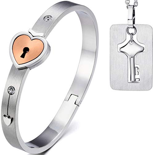 Cupimatch 2PCS Paare Armband Halskette Set Herz Schloss und Schlüssel für Ehepaar Liebe Verliebte Edelstahl 18cm Armreif Damen 45cm Kete Herren