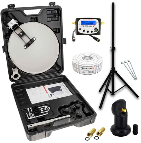 PremiumX Camping SAT TV Anlage Satellitenschüssel Satelliten-Finder Single LNB 10m Kabel F-Stecker Koffer Camp Stativ