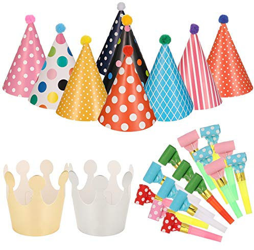Opopark 11pcs Birthday Cone Hats With Pom Poms (9 Hats and 2 Crowns), 15 Pcs Blowouts, Mini Paper Hat and Blowouts Set for Boys Girls Children's Party Decoration