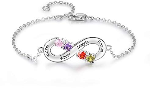 Lam Hub Fong Unendlich Armband Damen Personalisiert mit Name Gravur 925 Sterling Silber Armband Unendlichkeit mit Geburtsstein Geschenk für Frauen Müttern Mädchen (4 Geburtsstein 4 Name)