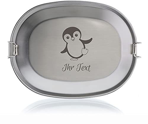 STEMPEL-FABRIK – personalisierbare Brotdose mit Namen aus Edelstahl – Pinguin – Brotbox für Kindergarten, Schule, Ausflüge – spülmaschinenfeste Lunchbox mit Tiermotiv (15,5x11,5x4,5cm)