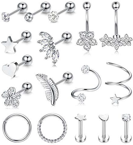 Kakonia 17Pcs Piercing Oreille Cartilage Acier Inoxydable Clicker Anneau Tragus Helix Conch Conque Piercing Nez Lip Zircone Cubique Fleur Boucles d'oreilles Femme
