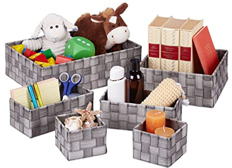 Relaxdays Aufbewahrungskorb, 6er Set, 4 Größen, Körbchen in Holzoptik, geflochten, Schrank & Regal, Kunststoff, grau