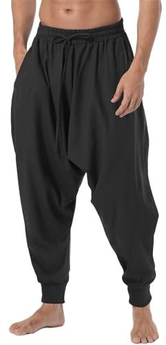 AITFINEISM Men's Drawstring Casual Hippie Harem Pants Loose Drop Crotch Trousers (XL,Black 1)