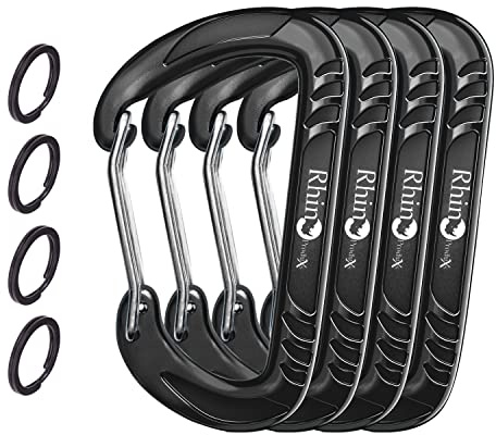 Rhino Produxs 12kN Heavy Duty Lightweight Carabiner Clips with keyrings - Excellent for Securing Pets, Outdoor, Camping, Hiking, Hammock, Dog Leash Harness, Keychains