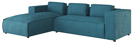 S-Style Möbel Nante Fünfsitziges Ecksofa Trendiges Modernes Ecksofa Nante Kord Stoff 262cm x 176cm x 64cm Gemütlich Lose Rückenlehnenkissen Schwarze Kunststoffbeine Eckseite Links Farbe Türkis