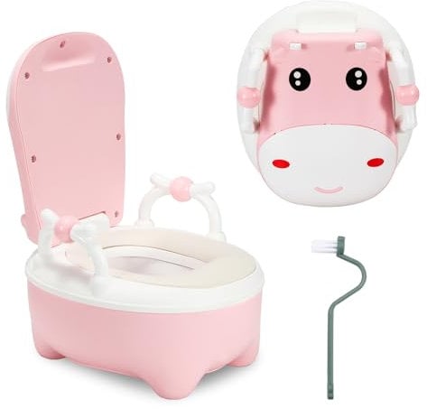 Jiubiaz Kinder Töpfchen, Baby Toilette Toilettensitz,Typ der Schublade Baby Potty, Toilettentrainer mit Griffe, Bürste, weiches PU-Kissen, Babytopf Anti-Spritzschutz, Cartoon Deckel（Rosa）