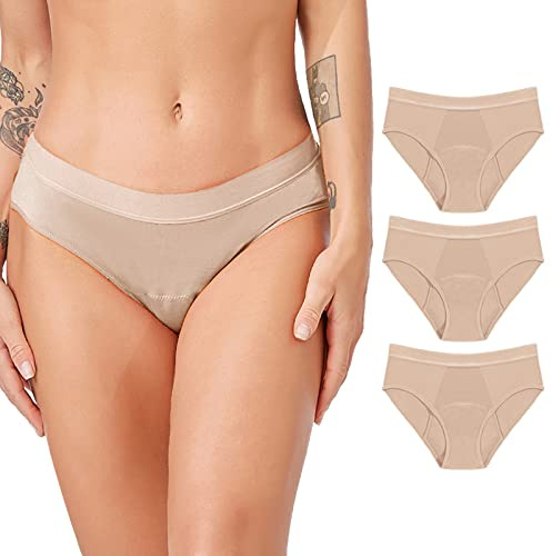 Jamron Donna Pacco da 3 Mutande Mestruali Flusso Abbondante - Slip per Ciclo Mestruale Anti-Perdite - Mutandine Assorbenti Incontinenza Lavabile Beige + Beige + Beige S