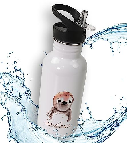 timalo® Trinkflasche für Kinder personalisiert mit Namen | auslaufsichere Edelstahl Sportflasche Kindergarten mit Tieren Geschenk für Jungen und Mädchen 400mL | 20-Faultier