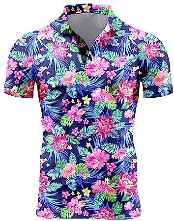 Herren 80er Jahre Golfshirt, Dry Fit, Performance, kurzärmelig, bedruckt, lustige 90er-Jahre Golf-Shirts für Herren, Tropische Blume, XL