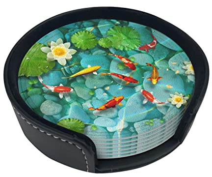 Lot de 6 sous-verres ronds japonais en cuir avec support pour la maison, le bureau, la décoration de table