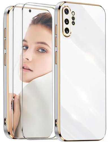 ATISIJIE Funda para Samsung Galaxy Note 10 Plus,Antigolpes Carcasa Flexible de Silicona Suave con 2× Cristal Templado,Diseño Marco Dorado Cubierta Protectora-Blanco