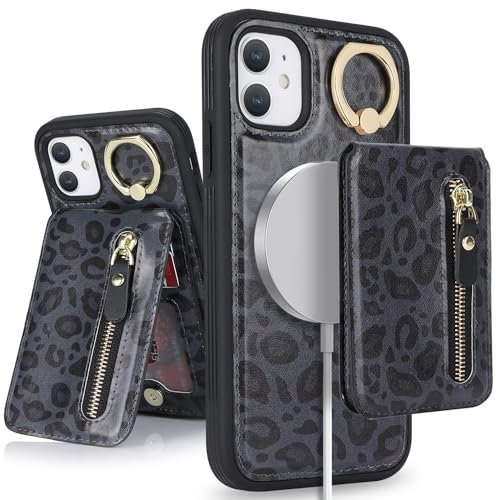 SailorTech iPhone 11 Phone Leather Case with Credit Card Holder Magsafe, iPhone 11 Case Ring Stand with Kickstand Card Slots Wallet Detachable 2-in-1 Zipper Case - Black Leopard