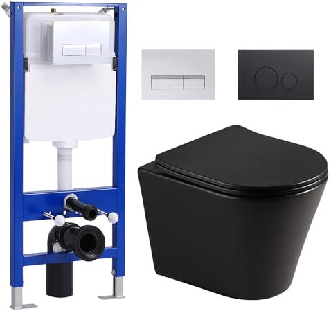 WC suspendu sans bord avec réservoir de chasse encastré, WC complet et élément de paroi avant, 2 WC, plaque de déclenchement WC, WC mural avec couvercle d'abaissement automatique Soft-Close, chasse WC