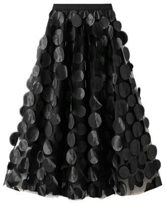 Elastischer Damenrock Mit Hoher Taille – Herbst- Und Winter-Midirock, Elastisch, A-Linie, Swing-Röcke Mit Hoher Taille, Lange Röcke Mit 3D-Polka-Punkt-Applikationen, Schwarz, Einheitsgröße