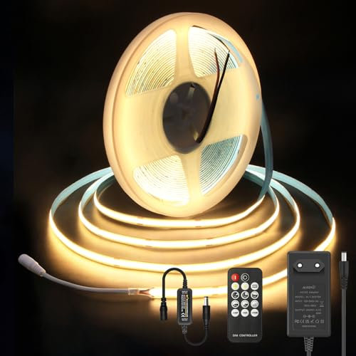 ALITOVE 24V COB LED Streifen 10M Dimmbar 3000K Warmweiss 320LEDs/M Flexibel LED-Lichterband mit RF Fernbedienung und Netzteil für Wohnzimmer Unterschrank Beleuchtung Küche Innendekoration
