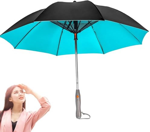Shurzzesj Sombrilla con ventilador incorporado, paraguas con ventilador y pulverizador de niebla | Parasol refrescante - Paraguas portátil para golf, senderismo, playa, verano, azul, Wiederaufladbares
