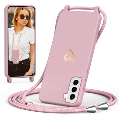 ScandiCasis Handykette für Samsung S22 mit Band, Handyhülle mit Schnur zum Umhängen, Weiche TPU Silikonhülle mit Band [Verstellbar] [Abnehmbar], Love Design Halskettenhülle, Rosa