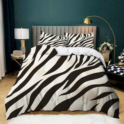 Biber Bettwäsche Schwarz Und Weiß 135 x 200 cm Tier-Zebra-Druck Bettbezug, 3teilig Flauschige Flanell Bettwäsche Set mit Kissenbezug 80x80 cm - Atmungsaktiv, Warm & Hautfreundlich Deckenbezug