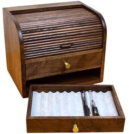 Vituord Wood Pen Display Case, Fountain Pen Collector Organizer Box, Top Ink Bottle Storage with Rolling Door, with 2 Layers Of Drawers - Can Hold 20 Pens, Gift for Father, Friend
