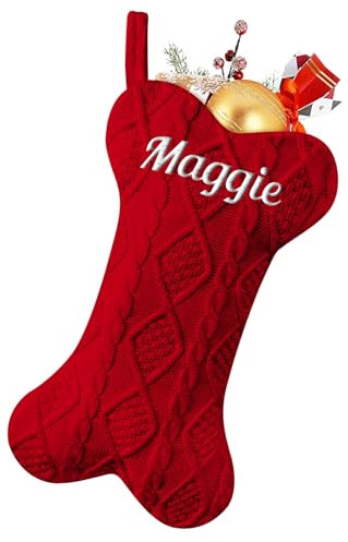 Weihnachtsstrumpf Hunde mit Namen Weihnachtsdeko Christmas Stockings Groß Gestrickt Nikolausstrumpf Geschenktasche für Haustier Personalisierte Xmas Socken Hundeknochen