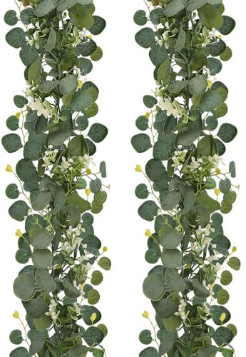 2 Stück Eukalyptus Girlande with White Flowers, Eucalyptus Deko, Künstliche Girlande Pflanze 1.8 m Hängend, Girlande Grün, Blätter Girlande, für Hochzeit Girlande, Tischdeko Outdoor, Heimdekoration