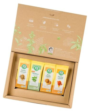 LEBENSBAUM Bio Gewürze Geschenkset Alleskönner, Gewürzeset aus Bio Gewürzen Pfeffer, Paprika, Zimt Ceylon und Basilikum (3 x 50 g + 1 x 15 g)
