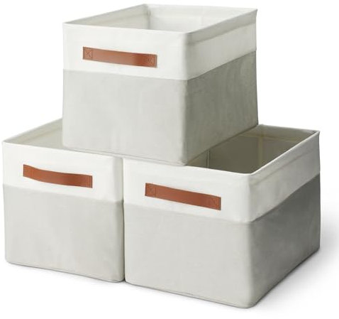 Amazon Basics Collapsible Storage Bins with Leather Handles, Linen, Large, Pack of 3