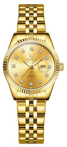 OLEVS Gold Damenuhr Metallarmband Luxus Quarz Analog Frauen Uhr Klein Elegante Edelstahl Uhren Damen mit Datumsanzeige Diamant Wasserdicht Armbanduhren für Damen Leuchtende Geschenke für Frauen