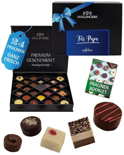 Hallingers Genuss Manufaktur Pralinen Vatertagsgeschenk - ohne Alkohol, handmade aus Confiserie-Edelkakao in wertiger FirstClass-Geschenkbox Für Papa, Geschenkidee für Papa Opa