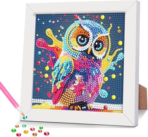 77iiAii Diamond Painting Kinder mit Rahmen Eule, Diamant Painting Bilder Kinder Bastelset Kinder ab 6 Jahre, Geschenke für Mädchen Junge 6 7 8 9 10 12 Jahre 18x18 Cm