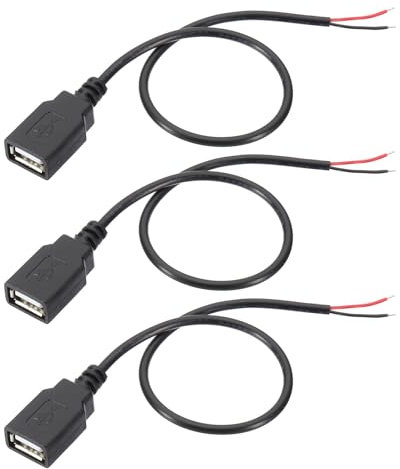 PATIKIL 1Ft USB 2.0 Female to 2 Pin Bare Wire Pigtail Cable, 3pcs 22AWG Power Cords Extension Connector Adapter for Charging Equipment DIY Repair, Black