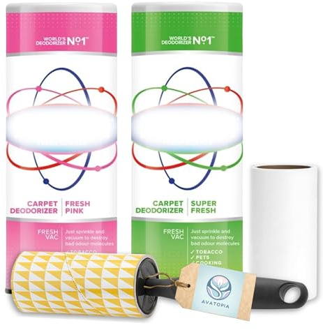 Carpet Deodoriser 2 Pack – Super Fresh & Fresh Pink 350g | Carpet Freshener Powder | Shake 'n' Vac Carpet Freshener | Carpet Odour Remover | Lint Roller Grey with Lint Roller Refill