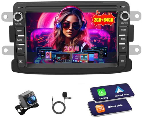 Inefala Radio Coche Bluetooth para Dacia Duster Sandero Logan Dokker, 2G+64G, Wireless Carplay & Android Auto, 7 Touchscreen, GPS/WiFi/USB/RDS/FM Cámara Trasera Mic