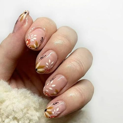 Faux Ongles Court MouyouGlow,Rond Nude Base Jaune Fleurs Floral Style Rustique Press on Nails avec Colle à Ongles,Sweet Flowers Été INS Fake Nails